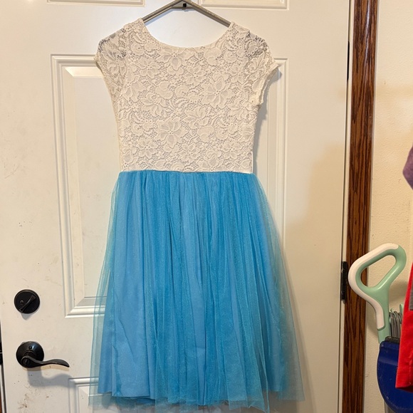 Girls White Lace and Blue Tulle Girls Formal Dress - Picture 3 of 5